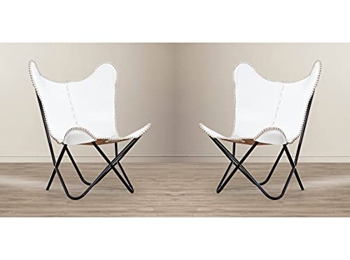 Aol Leather Butterfly Chair Vintage Leather Lounge Relax Arm Chair Handmade Genuine Leather Butterfly Chair White Leather Cover (With Fold-Able Stand) 103X84X70 Cm #TOP6