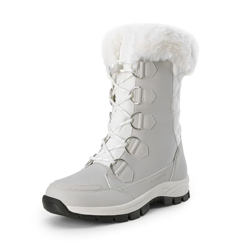 DREAM PAIRS Women's Waterproof Winter Snow Boots, Warm Comfortable Faux Fur Insulated Non-Slip Outdoor Lace-Up Florin Mid Calf Booties 5.5 White/Grey