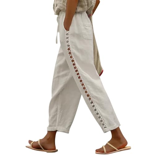 Puimentiua Women's Linen Capri Pants with Drawstring Petite Summer Beachwear Lightweight Elastic Waist Pants, Light Khaki, L