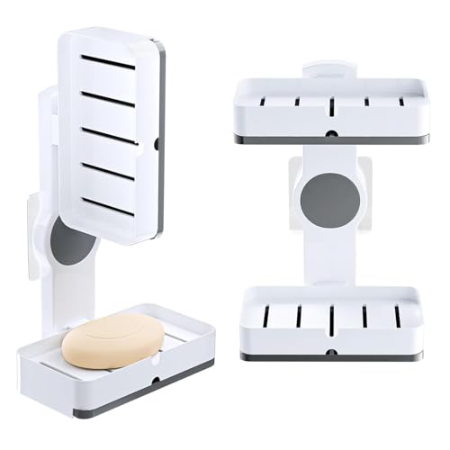 Image of Pack of 2 Plastic Self-Adhesive Double Layers Soap Holder for Bathroom Wall with Removable Drain Tray | No Drill Stickable Soap Stand for Kitchen Sink | White