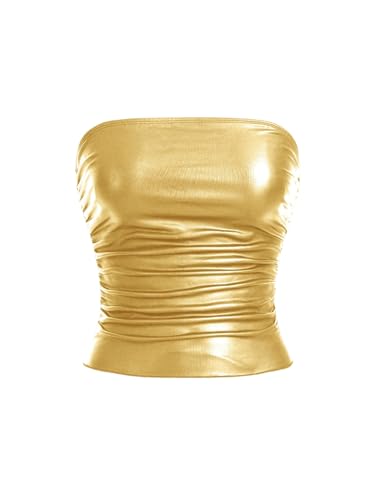 MakeMeChic Women's Leather Gold Tops Fall Tube Tops Ruched Sleeveless Slim Fit Strapless Club Concert Shirts