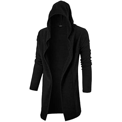GIVON Longline Hooded Cardigan Ruffle Shawl Collar Open Front Drape Cape Overcoat with Fleece Fabric / DCC050-BLACK-L Cover