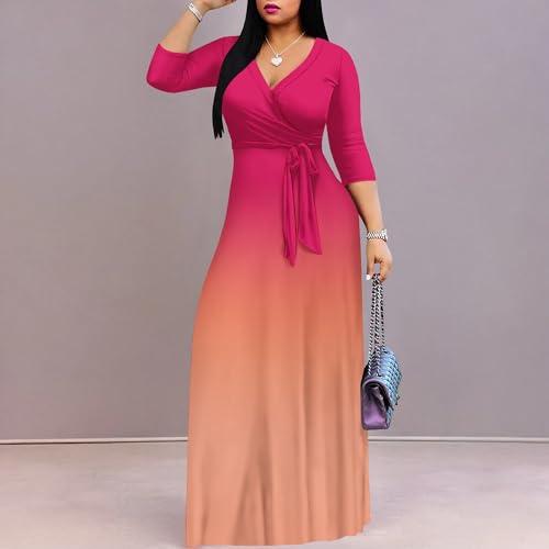 Image of PinkPatty Women's Plus Size Maxi Dresses Casual Flowy 3 /4 Sleeves Dress Printed Vacation Dress for Daily Wear with Belt