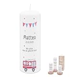 wunderwunsch Personalisierte Kerze mit Spezial-Druck (M, L, XL) - ohne Ruß-Bildung - mit Holzkiste oder Untersetzer - Geburtstag, Geburtstagskerzen (Feuerwehr)