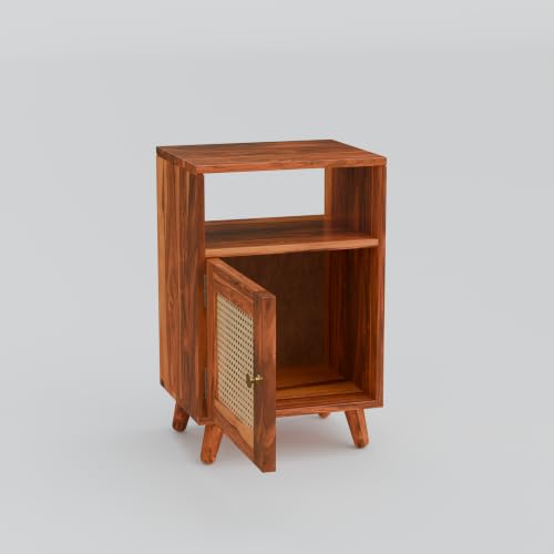 Image of Solid Sheesham Wood Bedside Table with Natural Cane Rattan Door & Open Shelf | Wooden Nightstand with Storage Cabinet | End Table for Bedroom (Honey Finish)