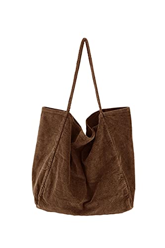 Ulisty Femmes Grand Velours côtelé Sac fourre-Tout Rétro Sac d'épaule Décontractée Sac de Courses Mode Sac à Main café Cover