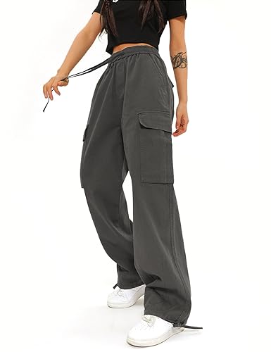 Yusongirl Cargo Pants Women Trendy High Waist Baggy Cargo Pants Cotton Multiple Pockets Straight Wide Leg Trousers Y2K Pants Grey