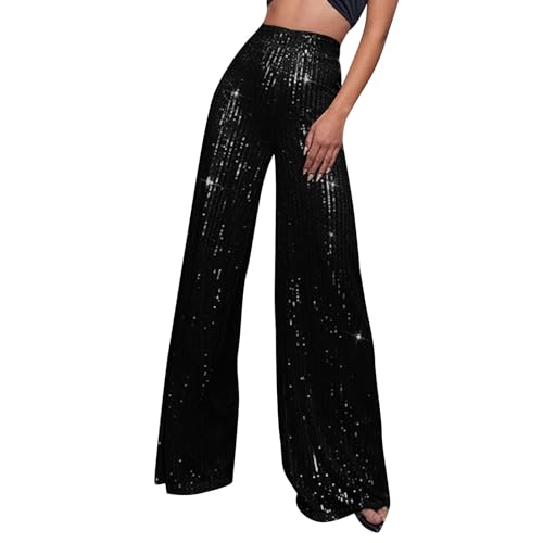 Women's Dressy Fashion Casual Solid Color High Waist Sequin Side Zipper Draped Wide Leg Loose Fit Pants