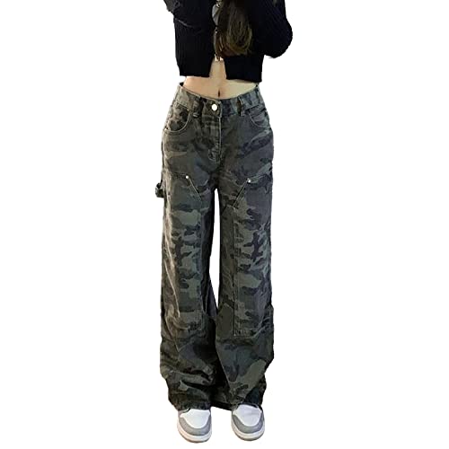 Pantalon cargo femme taille haute jambes larges camouflage vert fluide XL