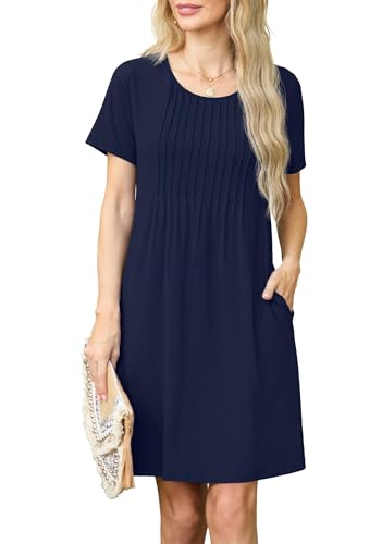 GRECERELLE Womens Summer Mini Dress Casual Short Sleeve Crew Neck Pleated Dresses with Pocket for Ladies (Navy Blue, S)