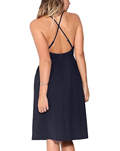 Image of Women's Deep V Neck Adjustable Spaghetti Straps Summer Dress Sleeveless Sexy Backless Party Dresses with Pockets