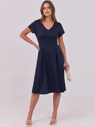 Image of ANRABESS Women Summer Dress Casual Short Sleeve V Neck A-Line Knee Length Pleated Flowy 2026 Fashion Midi Dresses with Pocket