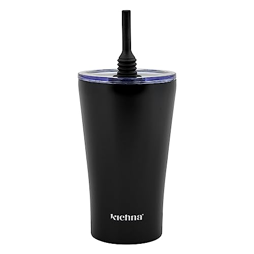 Kichna The Sipper Stainless Steel Insulated Tumbler with Straw and Lid Double Walled BPA Free Splash Proof Travel Cup for Cold Beverages 550ml - Onyx Black