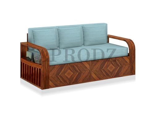 Image of APRODZ Solid Wood Sofa Cum Bed 3 Seater Velevt Fabric with Two Cushions Perfect Sofa Furniture for Home Living Office Room and Guests (Honey Finish 75x69x30-Inch)