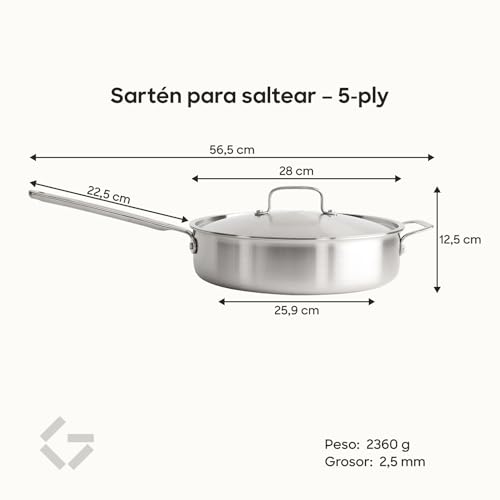 Miniatura 5 de Gastrotools Sartén De Acero Inoxidable De 28 Cm Con Tapa, Sartén De Acero Inoxidable De 5 Capas, Sartén Universal Con Asa Coolgrip, Libre De Pfas, Apta Para Todo Tipo De Cocinas