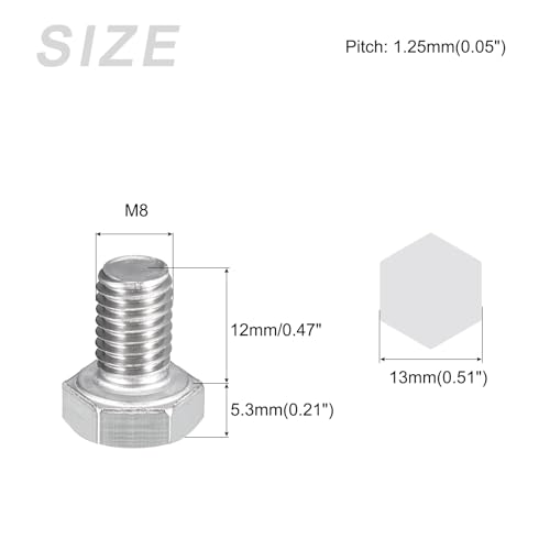 Image of METALLIXITY Hex Bolts (M8-1.25x12mm) 20Pcs, 304 Stainless Steel Coarse Fully Threaded Hex Head Screw Bolt Machine Screws - for Furniture Repair, Silver