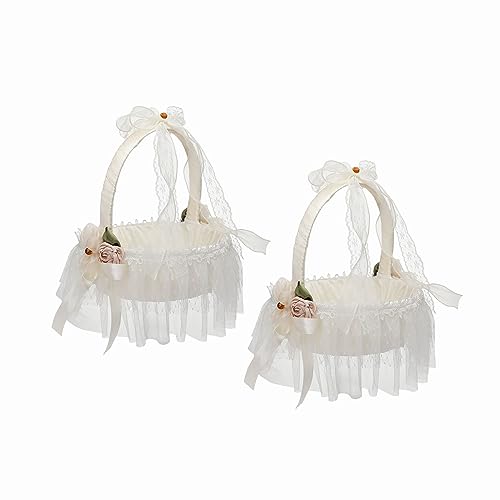 BFYDOAA Paquete de 2 cestas de encaje para niña de flores, cesta de satén con asa para lanzamiento de pétalos, decoración de ceremonia de boda