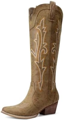 DREAM PAIRS Cowboystiefel Damen Kniehohe Stiefel | Vintage Stickerei, 5cm Blockabsatz, Weiche Einlegesohle, Flexible Anti-Rutsch-Sohle, Vielseitig Ideal Für Festivals & Alltag