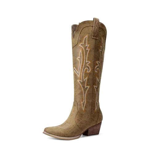 Image of DREAM PAIRS Women's Embroidered Western Pull-On Knee-High Cowboy Boots