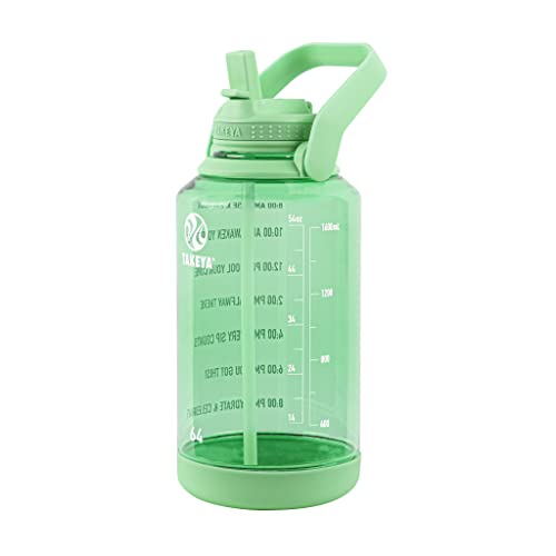 Image of Takeya Motivational Water Bottle with Straw Lid and Time Marker (64 oz, Pistachio Green) - Leakproof, BPA Free Water Bottle for Daily Intake Tracking