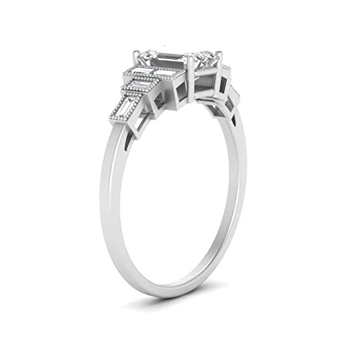 Image of Choose Your Gemstone Baguette Milgrain Graduated Diamond CZ Ring Sterling Silver Emerald Shape Side Stone Engagement Rings Lightweight Office Wear Everyday Gift Jewelry US Size 4 to 12