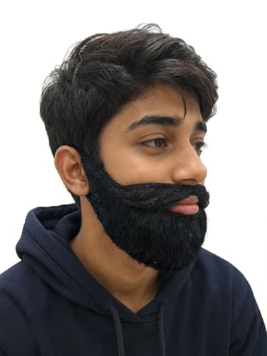 Image of BookMyCostume Realistic Black Fake Beard & Moustache Set | Sardar Look Artificial Beard with Tie String | Fancy Dress Prop for School Functions, Stage Drama & Cultural Performances | Teens & Adults