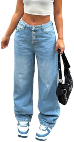 Womens Baggy Jeans Casual Wide Leg Jeans Boyfriend Low Rise Denim...