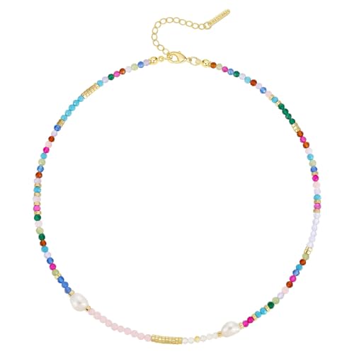 KissYan Beaded Choker Necklace for Women, Colorful Natural Gemstones Pearl Choker 14K Gold Plated Pendant Healing Crystal Necklace Handmade Stone Jewelry Gift(Colorful Pearl)