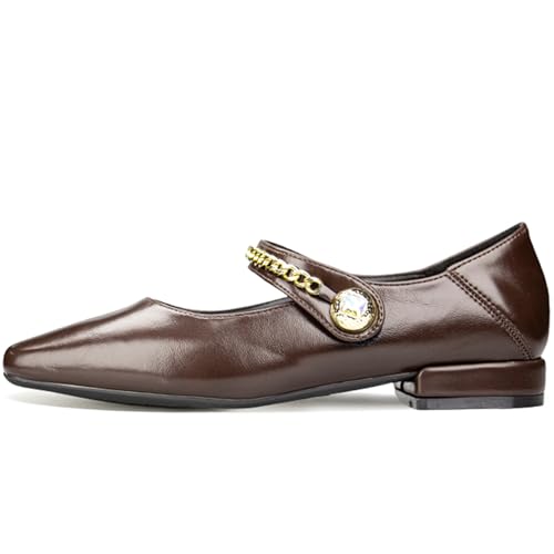 Women's Classic Mary Jane Flats, Black Leather with Gold Chain Strap, Pointed Toe