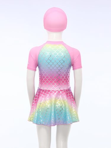 Girls Mermaid Swimsuits Shiny Fishscales Printed One Piece Rash Guard with Swim Cap4