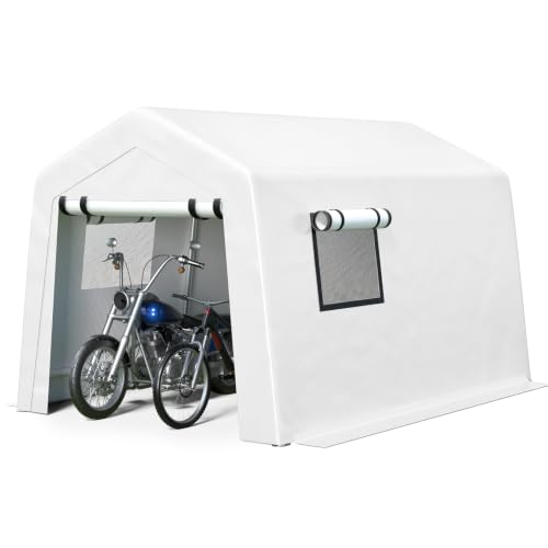 Image of Jocoevol 8x10 FT Enclosed Carport with Roll-up Windows, Removable Sidewalls & Doors and Wind Ropes for Bike Motorcycle, White
