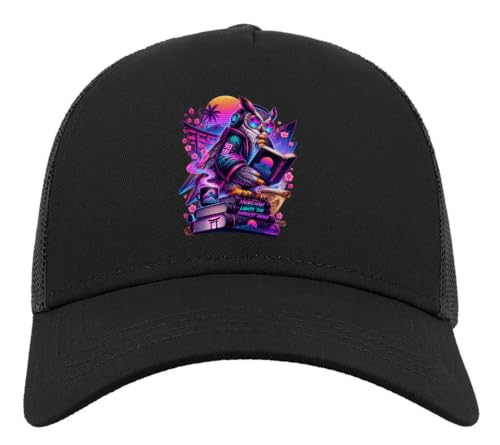 Wise Owl Reading Under Neon Lights Half Mesh Cotton Trucker Cap Baseball Hat Black