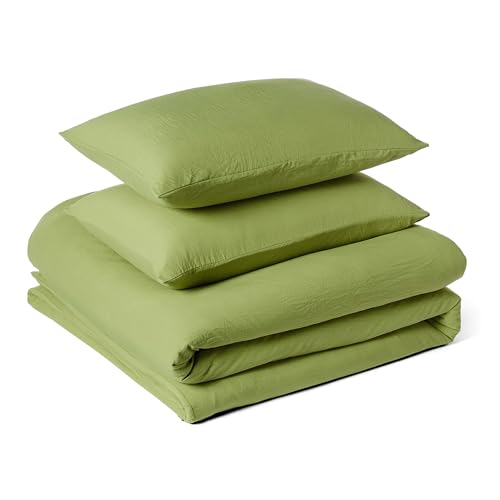 Amazon Basics Juego de Funda Nórdica Cama 150/160 de Microfibra Prelavada, Extra Suave con Efecto Arrugado Natural, Funda de edredón 240 x 220 cm y 2 Fundas de Almohada 50 x 80 cm, Verde