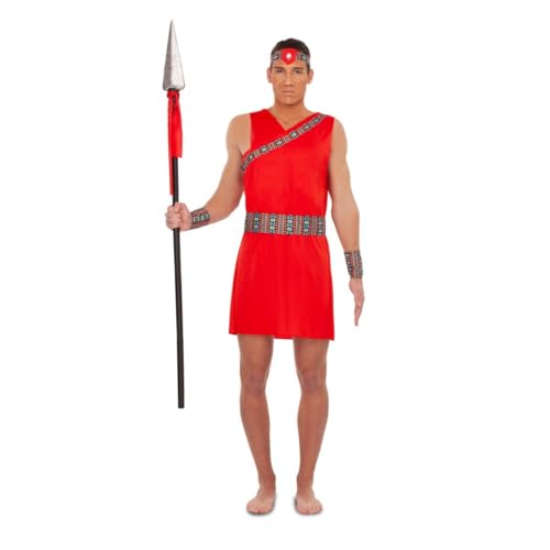 My Other Me - Disfraz Masái Hombre, talla M-L. Incluye vestido corto sin mangas rojo con detalles tribales coloridos, muñequeras, cinturón y tocado a juego. Estilo vibrante y auténtico.