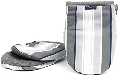 Nautica Home Kitchen Mini Mitts with Silicone Palm, Heat Resistant up to 500 Degrees F, Cotton Potholders for Cooking, Set of 2, Grey Multi Stripe
