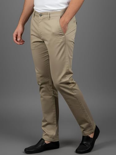 Image of LIVE IN Mens Tan Cotton Blend Slim Fit Casual Solid Trousers