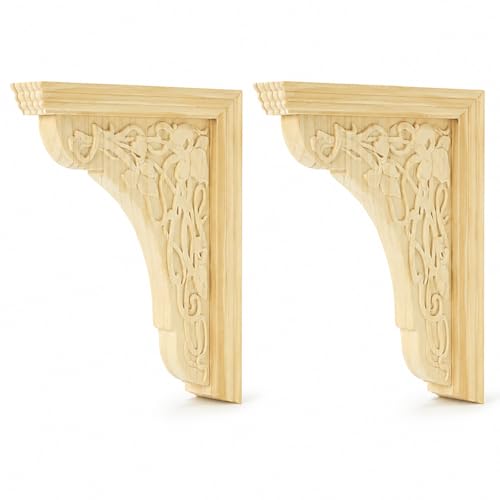 WEIERBAN Set of 2 Corbels for Shelves Wood Corbels Decorative Unfinished Solid Shelf Bracket for Doorway Countertop Kitchen Cabinet Book Shelves (Classic Carved Style 6.7inch*1.96inch*8.7inch)