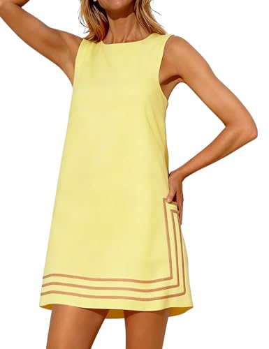 Image of Womens Summer Boho A-Line Mini Dress Sleeveless Sundress Color Block Beach Coverups(Yellow-S)