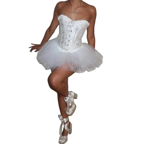 Feclmiyt Korsett-Kleid, Bustier, Überbrust, Damen, Oberrock-Set, Spitze, Blumenmuster, Übergröße, Schwanenkostüm, Halloween, Bustier mit Tutu,...