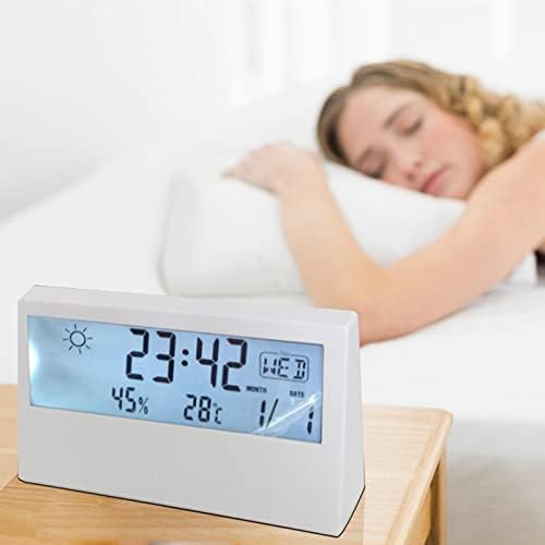 Digital Alarm Clock, Bedside Alarm Clock with Light, Beautiful Decorative Bedroom Alarm Clock, Large Display, Temperature, Humidity/Weather Icon Display, Battery Operated Alarm Clock for Travel