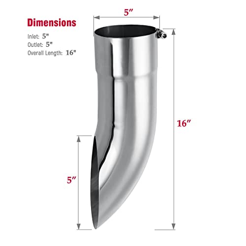 Upower Diesel Exhaust Tip 5" Inlet/Outlet 16" Long Turn Down Exhaust Tip 304 Stainless Steel Bolt-On 5 Inch Turn Down Tail Pipe Tips #TOP3