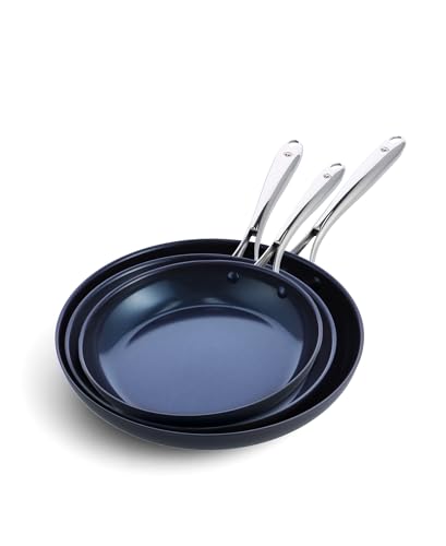 Image of Blue Diamond Hard Anodized 8 inch 10 inch & 12 inch Diamond Infused Healthy Ceramic Nonstick Frying Pan Set, PFAS-Free, Stainless Steel Handle, Dishwasher & Oven Safe to 600F, Durable Cookware, Gray