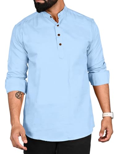 Image of ROYALSCOUT Men Cotton Blend Short Kurta with Mandarin Collar and Button Placket | Full Sleeve Regular Fit Ethnic Wear for Casual and Festive Use