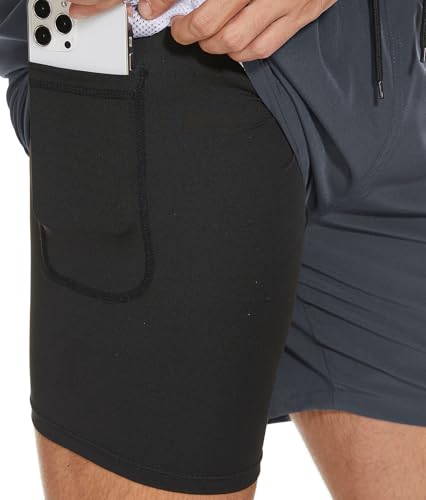 Image of Mens Swim Trunks Compression Liner No Mesh Swimming Trunks Men Swimwear Quick Dry Above Knee Zipper Pocket Swim Shorts