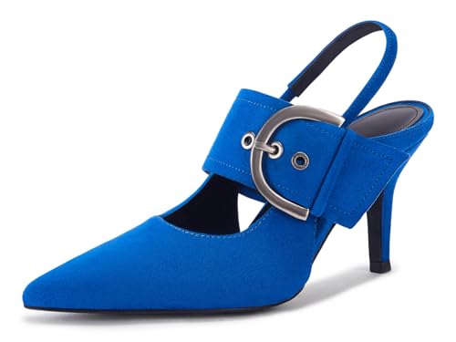 Image of Coutgo Womens Slingback Pumps Closed Pointed Toe High Heels Belt Buckle Strap Dressy Work Shoes