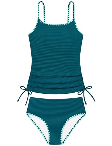 Image of Girls Tankini Swimsuit 2 Piece Set Unique Edge Girl Bathing Suit with Drawstring + Swim Briefs Swimwear Set for 9-16Y
