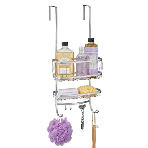 mDesign Rangement de Douche Suspendu à la Porte de la Douche – étagère de Douche Pratique – avec ventouses et 4 Crochets – Accessoire de Rangement Salle de Bain – argenté