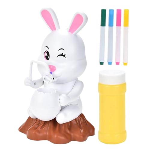 Máquina de burbujas para niños, soplador de conejo con música E – Máquina de burbujas de conejo antigoteo con área de diseño de música y pintura DIY – para niña, interior, exterior, cumpleaños,