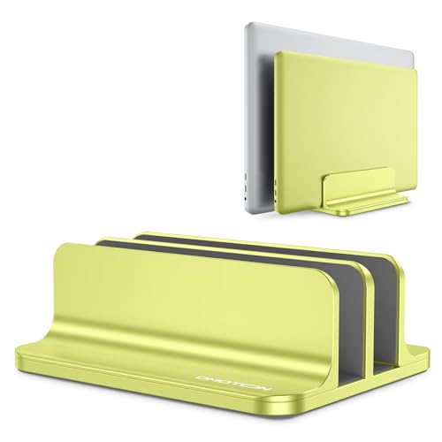 Image of OMOTON Vertical Laptop Stand [Updated Double Version], Desktop Aluminum Mac Book Stand with Adjustable Dock Size, Fits All Mac Book, Surface, Chrome Book and Gaming Laptops (Up to 17.3 inch), (Citron)