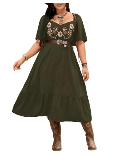 Women's Plus Size Western Cowgirl Dresses Flowy Ruffle Boho Floral Embroidered Short Sleeve Midi Long Dress